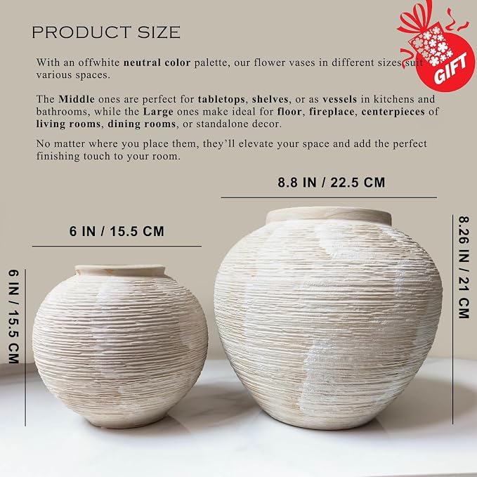 Rustic Ceramic Vintage Farmhouse Vase for Decor (Large Ribbed Whitewash) | 8.8'' Boho Decorative Vase for Home Decor, Round Clay Terracotta Bowl vase for Living Room, Table, Shelf, Centerpieces