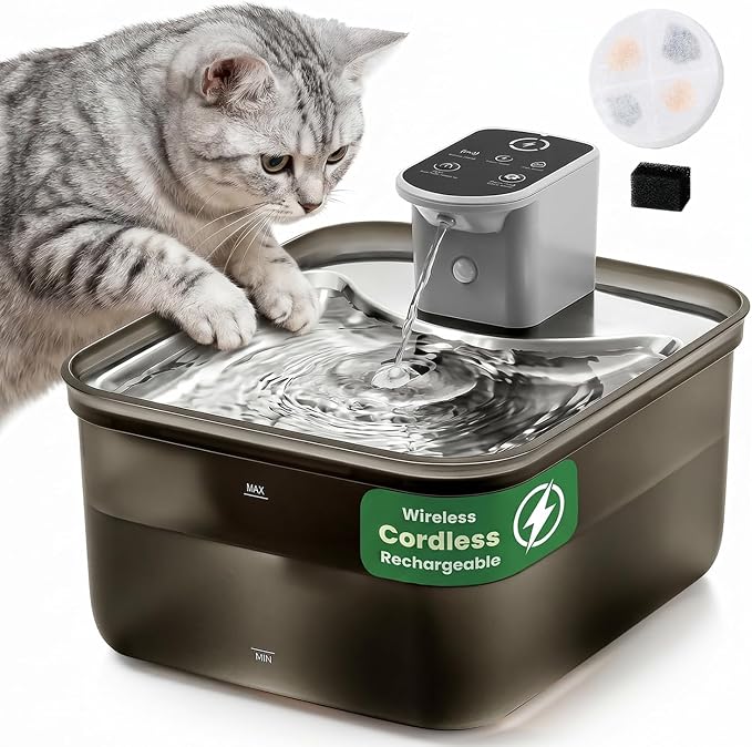 Wireless Cat Water Fountain, 118oz/3.5L Battery-Operated Pet Fountain | 3 Smart Modes,4000mAh Large Capacity Rechargeable Battery Operated Cat Water Dispenser Ultra Quiet BPA-Free, 1 Filter