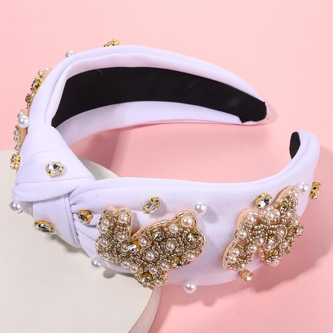 mokkia Easter Headbands Beaded Rabbit Bunny Headband for Women Pink Spring Knotted Headband Easter Hair Accessories Gifts