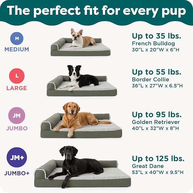 Furhaven Orthopedic Dog Bed for Large Dogs w/ Removable Bolsters & Washable Cover, For Dogs Up to 95 lbs - Plush & Suede Sofa - Gray, Jumbo/XL