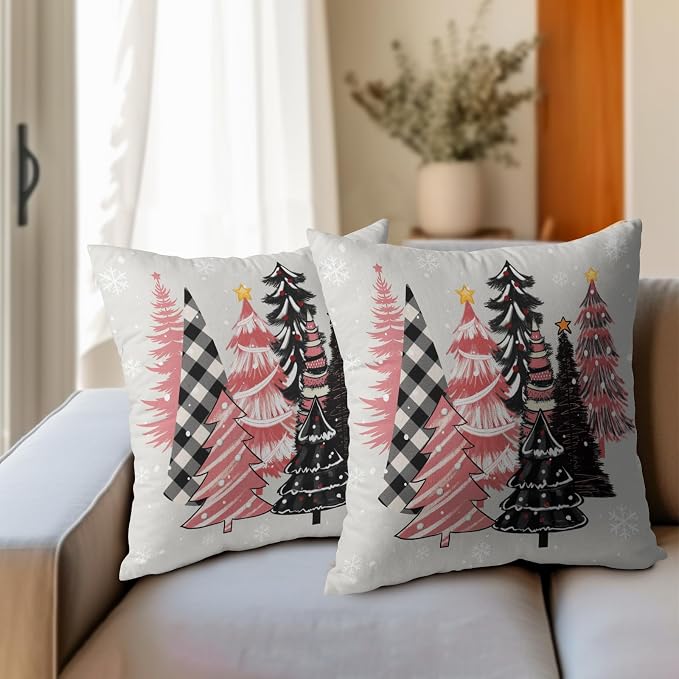 Kawani Christmas Tree Throw Pillow Covers Cotton Linen Pink Black Pine Tree Xmas Decorative Pillowcases Living Room Couch Sofa Home Decor Cushion Covers 22×22 Inch,Set of 2