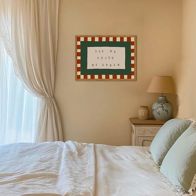 Framed Ask Me About My Dream Wall Art, Retro Red Green Checkered Pictures Wall Decor, Mid Century Modern Minimalist Text Paintings Canvas Prints for Home Living Room Bedroom 12x16 inch