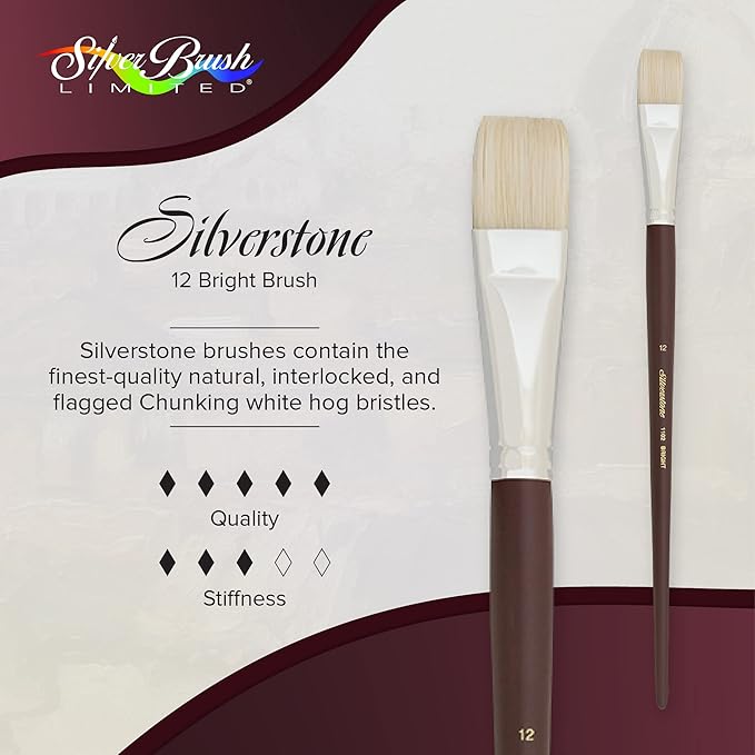 Silver Brush Limited 1102-12 Silverstone Bright Paintbrush for Oil Painting, Size 12, Long Handle