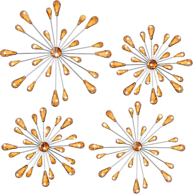 Hicarer 4 Pcs Starburst Wall Decor Bling Wall Art Crystal Teardrop 3D Hanging Rhinestone Radial Metal Artwork Modern Accent Sculptures Decorations for Living Room Home Office Bedroom(Amber)