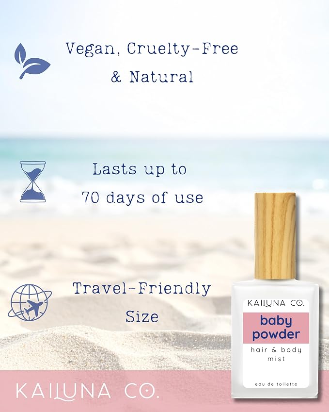 Kailuna Co. Baby Powder Natural Hair & Body Mist Spray, Twin Pack, Pure Essential and Fragrance Oils, Alcohol-Free, Handmade in California (2 x 0.5Fl Oz)