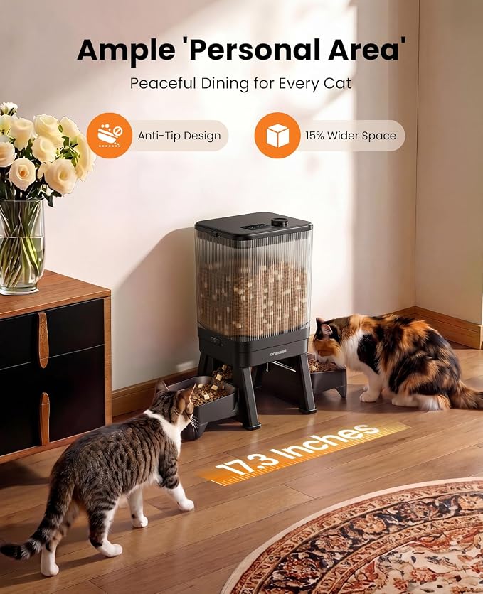oneisall Automatic Cat Feeder for 2 Cats Pets, 32 Cups/7L | Elevated Bowls, Prevent Fighting, Precise Portions, Balanced Dispensing, Non-Slip & Stable, Easy-to-Clean