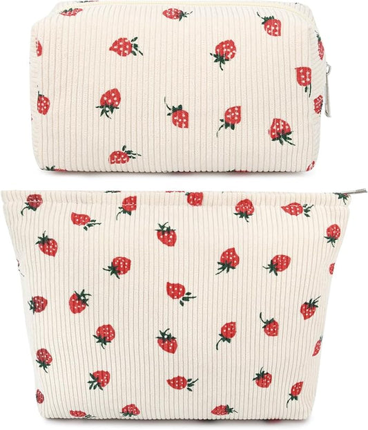 SOIDRAM 2 Pcs Cute Makeup Bag Large Cosmetic Bag Toiletry Bag Makeup Pouch Travel Bag Organizer Cute Makeup Brushes Aesthetic Accessories Storage Bag for Women Strawberry Beige
