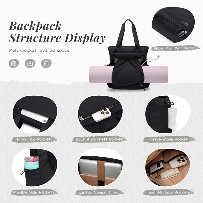 GOLF SUPAGS 3-in-1 Laptop Tote Backpack for Women 15.6" Quilted Work Gym Bag with Hidden Yoga Mat Carrier for Travel Leisure (Black)
