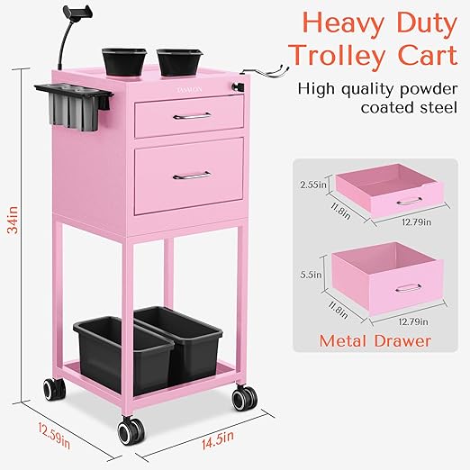 TASALON Salon Rolling Cart with 2 Magnetic Bowls - Space Saving Metal Trolley for Beauty, Tattoo & Hair Stylists, Multipurpose Salon Station Cart (Pink)