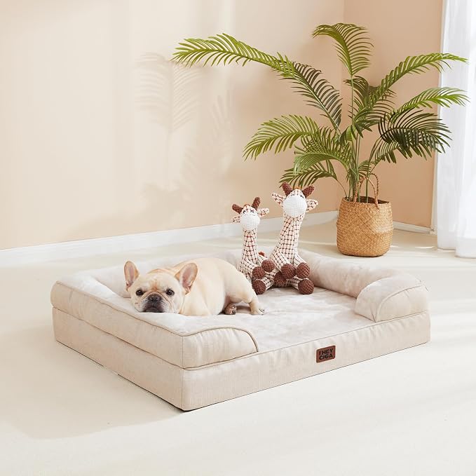 EHEYCIGA Orthopedic Dog Bed for Large Dogs, Waterproof Memory Foam, Non-Slip Bottom, Beige, 35"L x 22"W x 6.5"Th | Non-Slip Bottom and Egg-Crate Memory Foam Dog Couch Bed with Washable Removable Cover, Beige