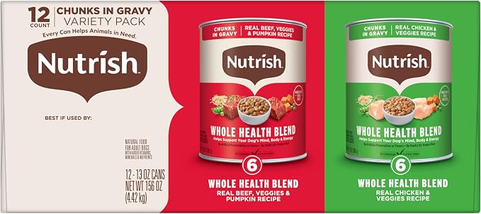 Nutrish Chunks in Gravy Variety Pack Wet Dog Food, 13 oz. Can (Rachael Ray) | Chicken & Veggies and Beef & Veggies Recipes, Natural Dog Food with Added Vitamins, Minerals and Nutrients (Pack of 12)