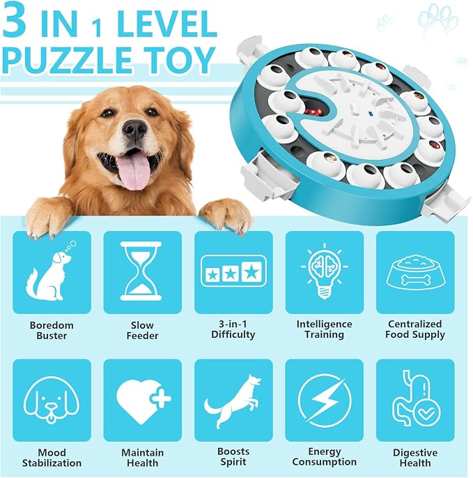 Dog Puzzle Toy, Level 3 in 1 Brain Mental Stimulation Dog Puzzles for Smart Dogs, Interactive Treat Dispenser Cognitive Enrichment Toys Puppy Puzzle Game for Mind Boredom-13.31"x13.31" Blue