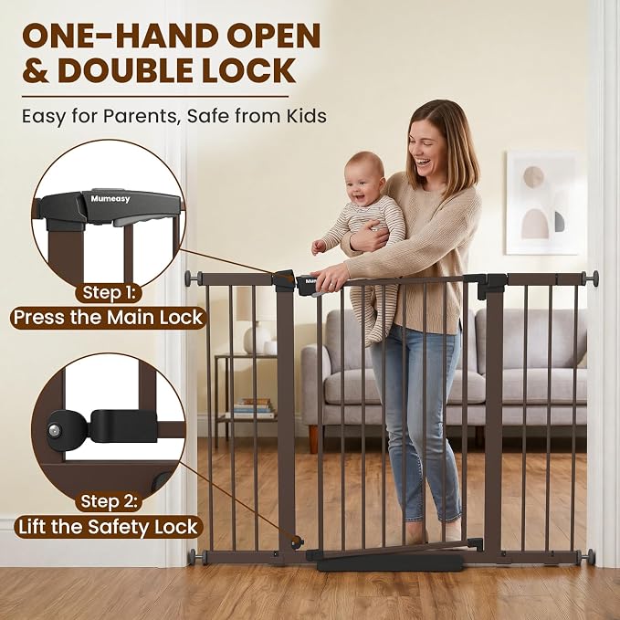 Mumeasy 29.7-48" Baby Gate for Stairs, Pressure Mounted Dog Gate for Doorways, Extra Wide Walk Thru Safety Pet Gate for Doors with Auto Close, Easy Install Child Gate for Hallway Indoor House, Brown