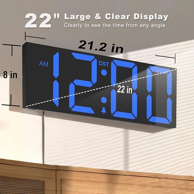 JALL 22" Large Digital Wall Clock, Big LED Number Dispaly, DST, Night Light for Classroom, Living Room, Bedroom, Mounted, Birthday Xmas Gift for Senior, Mem Womem Mom Dad, Blue