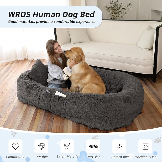 WROS Human Dog Bed for Adult, 71"x45"x12" Giant Calming Nest Bed, Dark Grey | Washable Soft Faux Fur Cover, Orthopedic Foam Support, Non-slip Bottom, Includes Blanket, Strap & Pillow