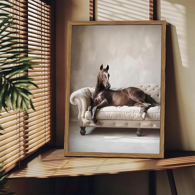 Framed Funny Horse Canvas Wall Art, Vintage Western Brown Horse On Sofa Pictures Wall Decor, Rustic Farmhouse Animal Paintings Prints for Living Room Bedroom Office Dorm 12x16 inch