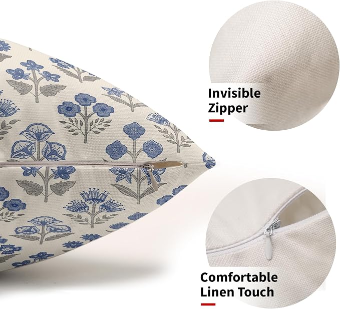 Blue Grey Gray Floral Pillow Covers 12x20 Inch Set of 2, Block Print Lumbar Flower Cream Decorative Throw Pillowcases Outdoor Farmhouse Rectangle Cushion Covers Spring Summer Sofa Couch Bed Decor