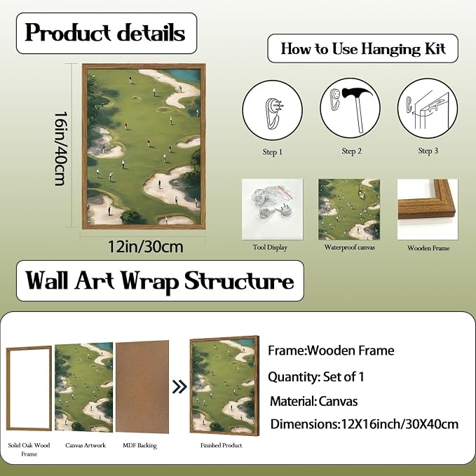 Vintage Golf Wall Art, Golf Course Wall Decor Painting Mid Century Sports Poster Canvas Prints Picture Living Room Office Man Cave 12x16 inch Wood Framed