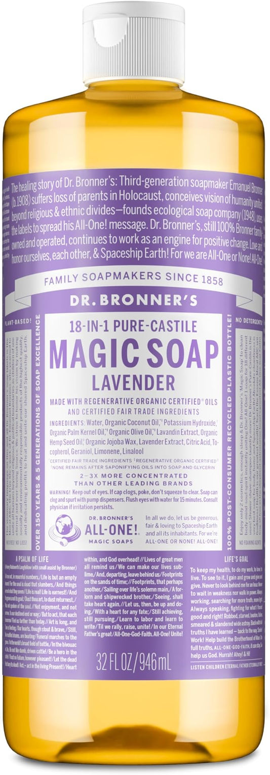Dr. Bronner's Pure-Castile Liquid Soap, Made with Organic Oils, 18-in-1 Uses: Face, Body, Hair, Laundry, Pets and Dishes, Concentrated, Vegan, Non-GMO, Lavender, 32 Oz