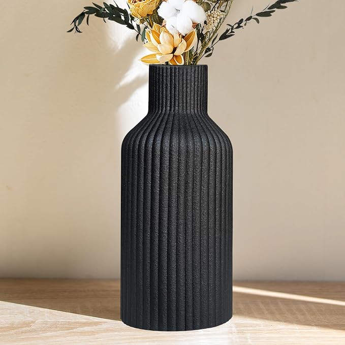 Ceramic Flower Vase, Minimalist Modern Home Decor, Matte Finish Pampas Grass Vase for Table, Fireplace, Shelf, Mantel, Entryway and Centerpieces (Black)