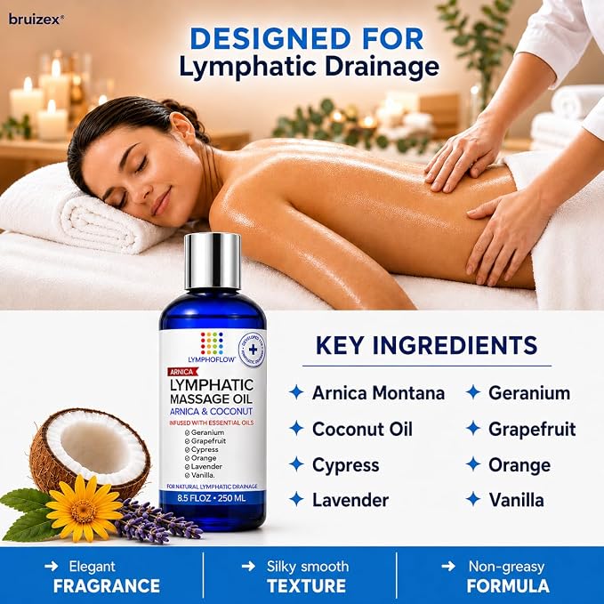 Lymphatic Drainage Massage Oil for Massage Therapy - Arnica Oil & Coconut for Post Surgery Recovery & Lymphatic Drainage Massager, Liposuction, 360 Lipo, BBL, Tummy Tuck Procedure,Moisturizing -8.5 Oz