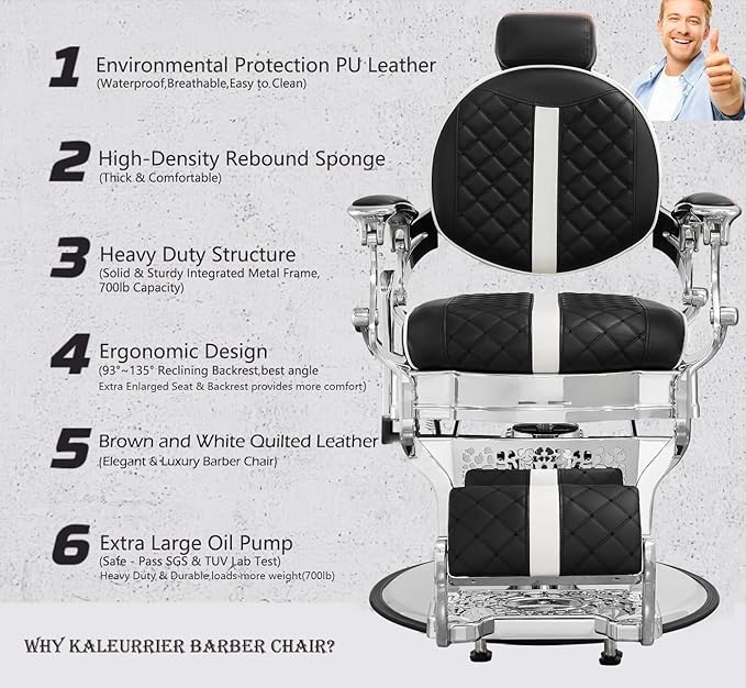 Kaleurrier Heavy Duty Barber Chair for Barbershop - Quilted Leather Hair Stylist Chair with Chrome Accents - Salon Furniture Equipment for Salon Station Home Massage Tattoo Black and White