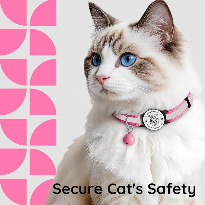 Breakaway Cat Collar QR Code, Reflective Bell, Adjustable Kitten, Rose Red