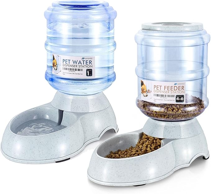 Flexzion Automatic Pet Feeder & Waterer Set of 2 Pack, Self Feeding Replenish Dog Cat Bowls, Gravity Food & Water Storage Container Fountain Jug Pet Supplies Plastic Skid Proof Rubber Feet (1 Gallon) | Self-Replenishing Dry Food Station with Non-Skid F...
