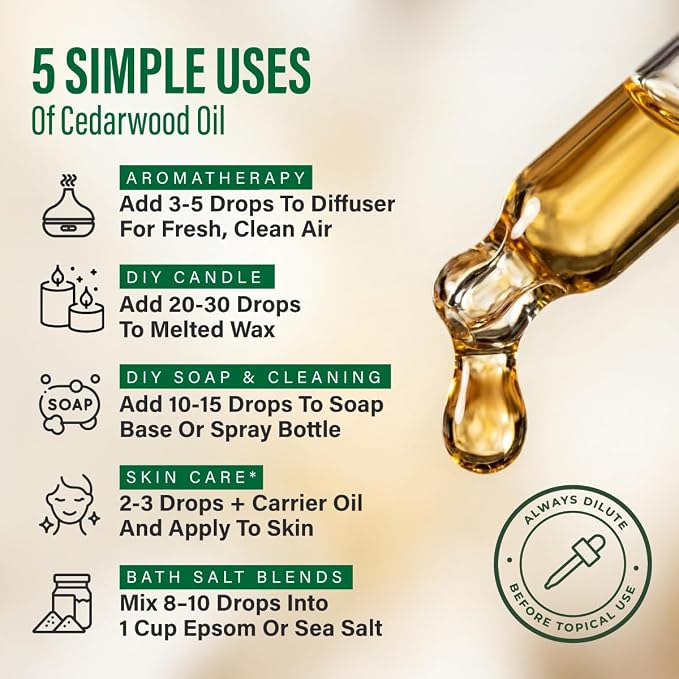 100% Pure Cedarwood Oil - 4 Fl Oz Cedarwood Essential Oil for Hair, Skin, Diffuser, Aromatherapy & DIY Soap Making Scent