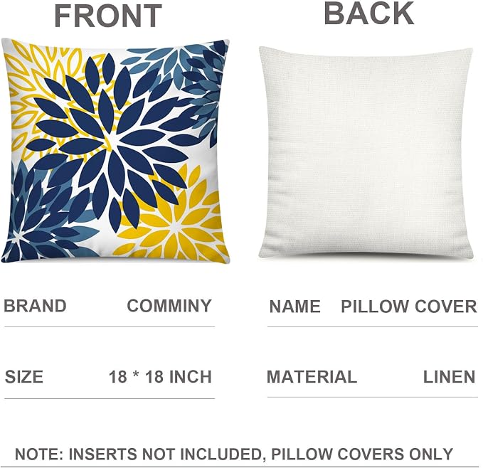 Navy Yellow Linen Throw Pillow Covers 18x18 Set of 6, Daisy Floral Decor | decorative daisy dahlia, Botanical floral, Standard Throw Pillow Size, Breathable Linen, Spring Couch Sofa Living Room
