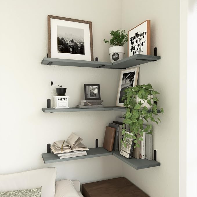 Wood Floating Shelves Set of 6, Shelves for Wall Decor, Farmhouse Shelf for Bedroom, Bathroom Storage Shelves, Book Shelves for Living Room-Grey
