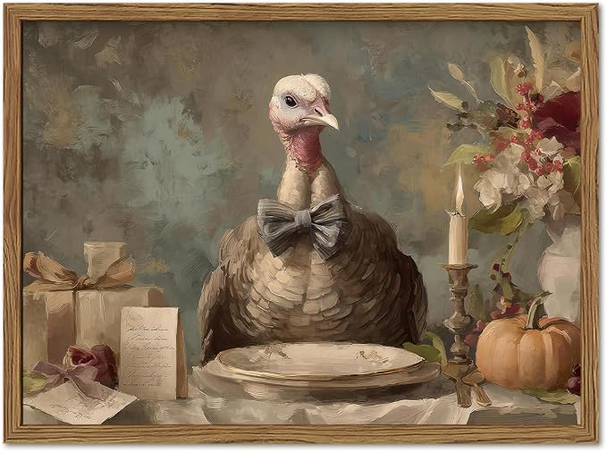 Funny Turkey Wall Art, Whimsical Rustic Bird Wall Decor Painting Cottagecore Animal Canvas Prints Artwork for Living Room Bedroom Bathroom 12x16 inch Wood Framed