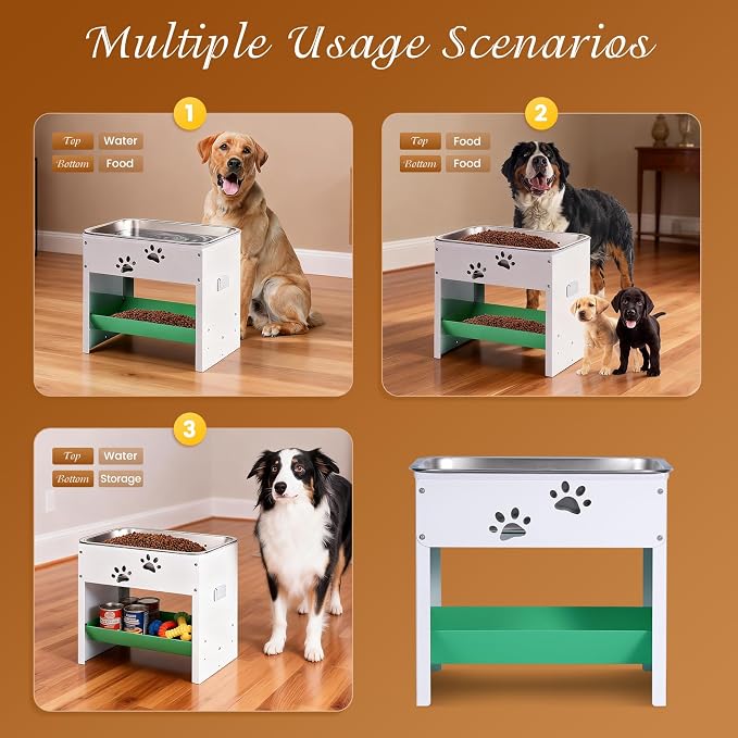 Dog Water Bowl Elevated| Adjustable Stand Pet Feeding Station with Storage | 3 Gal Stainless Steel Pet Food Water Bowl Set Metal Dog Bowl for Cat, Large Breeds Easy to Clean, Indoor/Outdoor Use