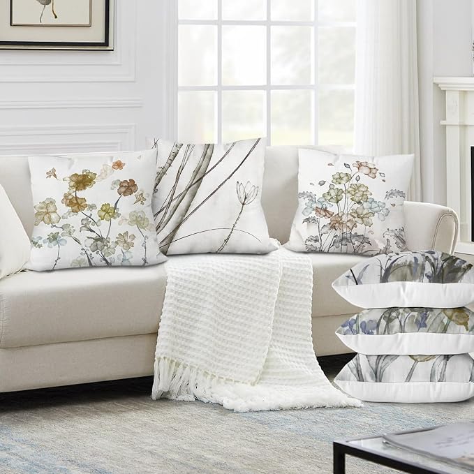 Sage Green Throw Pillow Covers 18x18 Set of 6, Botanical Floral Home Decor | spring summer floral bloom, Standard Throw Pillow Size, Breathable Linen, Neutral flower, Couch Sofa Living Room, home decor