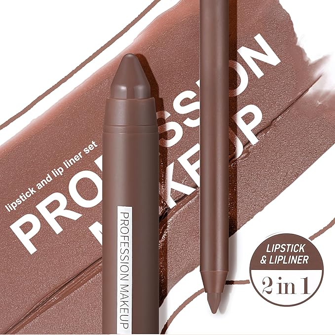 Brown Lip Liner Lipstick Set - Lip Combo Matte Lip Liner Pencil Long Lasting Gradient Lipstick for Women Easy to Use Crayon Cone Tip Smooth Creamy Texture Lip Contour Makeup Kit for Daily/Party