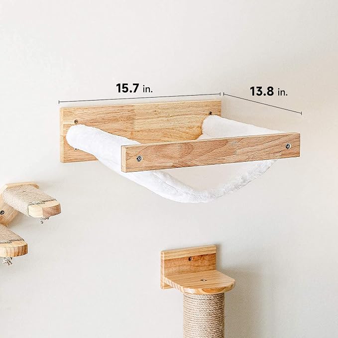 FUKUMARU Wall Mounted Cat Hammock | Wooden Kitty Beds and Perches Stable Cats Shelves For Sleeping, Playing, Climbing, Lounging