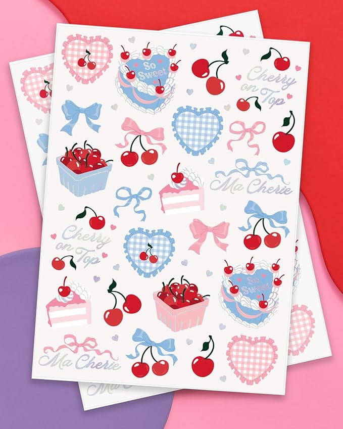 xo, Fetti Cherry Temporary Tattoos - 50 Iridescent Foil Pcs | Ma Cherie Baby Shower, Cherry on Top Bachelorette Decorations, Birthday Decor, Kids Picnic Tablescape