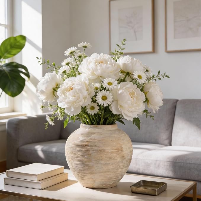 Rustic Ceramic Vintage Farmhouse Vase for Decor (Large Ribbed Beige) | Textured Vase Home Decor, 8.8 in Decorative Terracotta Round Bowl vase for Living Room, Table, Shelf, Kichen Décor