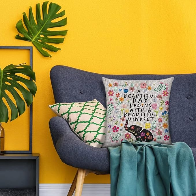 Littlefa Elephant Throw Pillow Cover Motivational Decorative Pillow Case | A Beautiful Day Begins with A Beautiful Mindset, Elephant Colorful Pillow Cover for Girls Counseling Office, 18×18 In