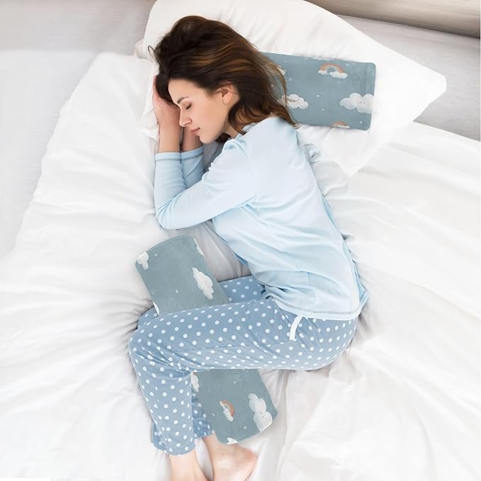 Clouds Stars Rainbows Blue Neck Roll Pillow Bolster Round Health Memory Foam Long Cervical Cylinder Pillows with Removable Washable Cover for Body Bed Legs Back Yoga