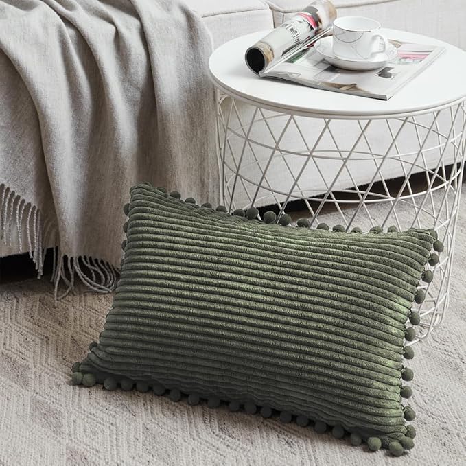 Fancy Homi 2 Pack Olive Green Lumbar Decorative Throw Pillow Covers 12x24 Inch with Pom-poms for Couch Bedroom Sofa, Soft Corduroy Solid Rectangle Cushion Case 30x60 cm, Farmhouse Boho Home Decor