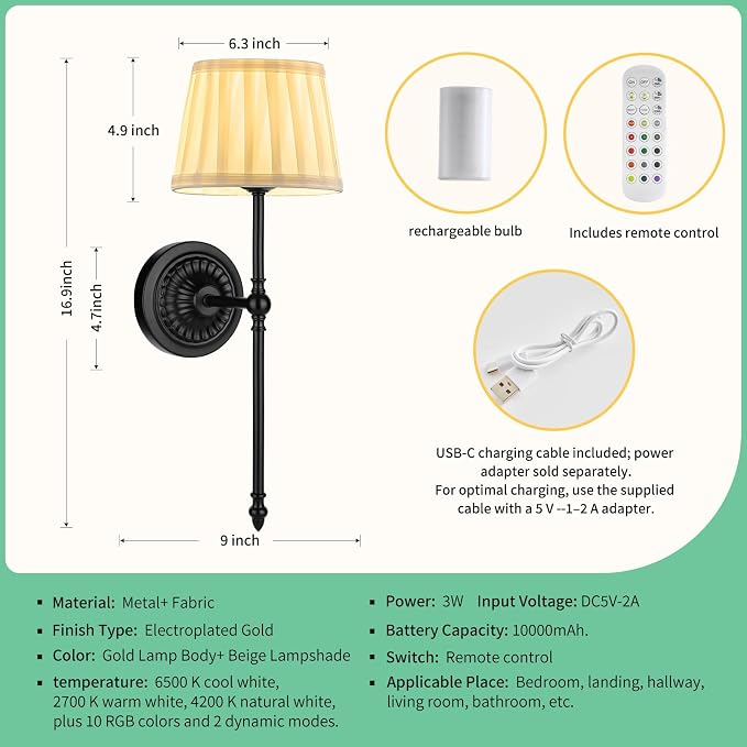 Cordless Wall Sconces Set of 2,10000mAh Small Wireless Battery Operated Wall Sconces Set of Two with RGB LED, Remote, Timer & Dimmable Fabric Gold Wall Lamps for Bedroom, Living Room, Hallway (Black)