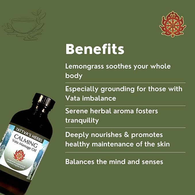 Tattva's Herbs Vata Calming Massage Oil 8oz Lemongrass & Sesame, Ayurvedic Relaxation Body Oil, Great as Massage Lotion