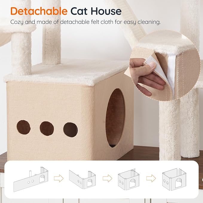 HOOBRO Double Litter Box Enclosure with Cat Tree, 45.3" L x 17.7" W x 68.9" H All-in-One Modern Cat Tower with Bed, Hidden Litter Box Enclosure Furniture, with Hammock, Sisal Posts, White WH22MZ03