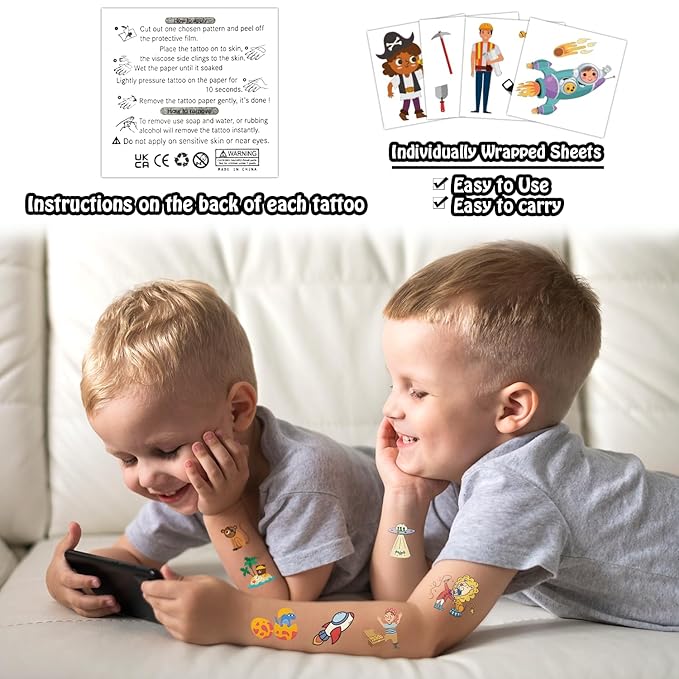 Partywind 408 PCS Kids Tattoos for Party Supplies, Individually Wrapped Sheet Temporary Tattoos Stickers for Kids Goodie Bag Stuffers, Fun Birthday Party Favors - Cool