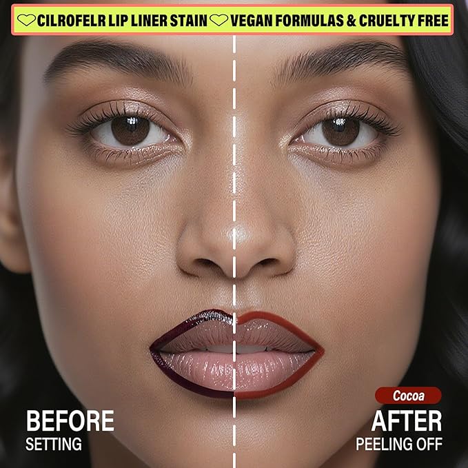 Cilrofelr 2 Colors Lip Liner Stain Peel Off Set with Tweezers - Long Wearing, Transfer Proof, Matte Finish, Quick Plump Lip Effect, Peel Off Lip Stain for All Skin Tones (Rose + Cocoa)