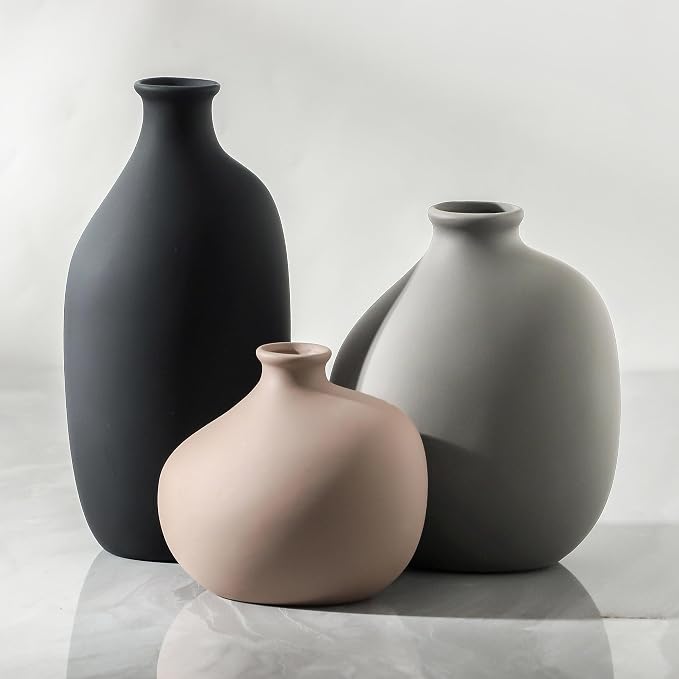 Ceramic Vase Set of 3, Small Modern Minimalist Pottery Vases for Home Decor | Set of 3 with unique shapes and matte finish, perfect for shelves, tables, dried flowers and pampas grass.