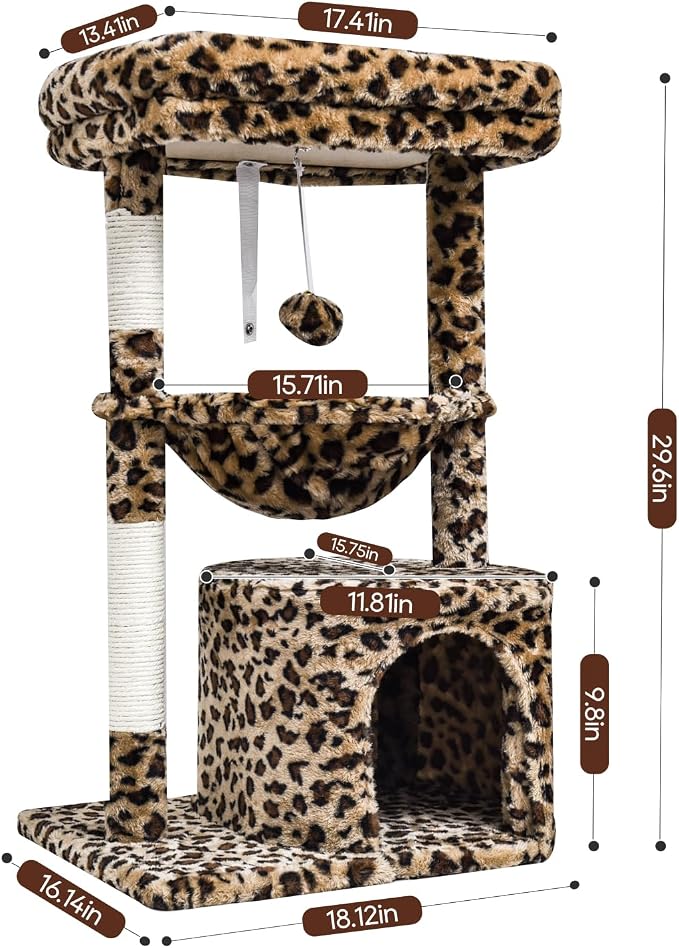 SYANDLVY Small Leopard Print Cat Tree for Indoor Cats, Modern Cat House | Cat Tower with Scratching Post & Padded Perch, Kittens Condo with Cradle, Cat Cave