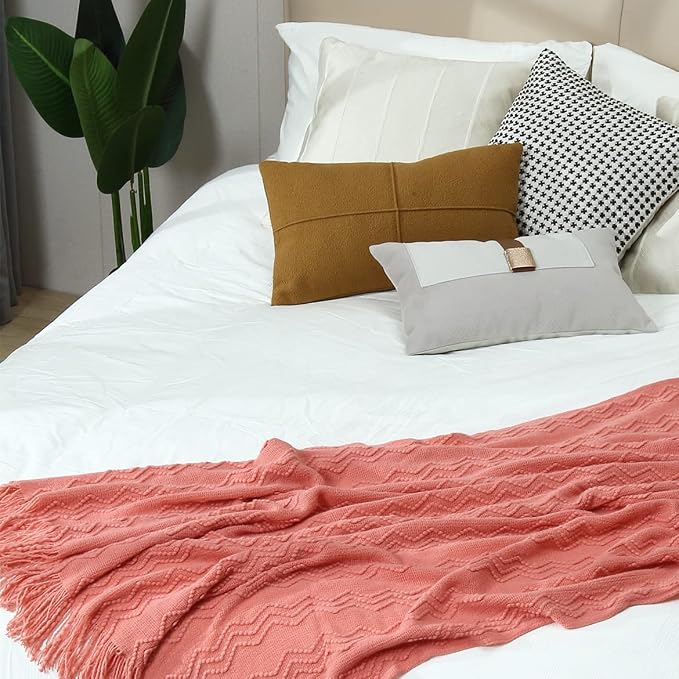 CREVENT Knitted Decorative Throw Blanket for Couch Sofa Chair Bed，Soft Warm Cozy Light Weight for Spring Summer (50''X60'' Salmon/)
