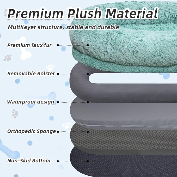 WROS Human Dog Bed for Adult, 71"x45"x12" Calming Nest Beds, GreenWhite | Washable Soft Faux Fur Cover, Orthopedic Foam Support, Non-slip Bottom, Includes Blanket, Strap & Pillow